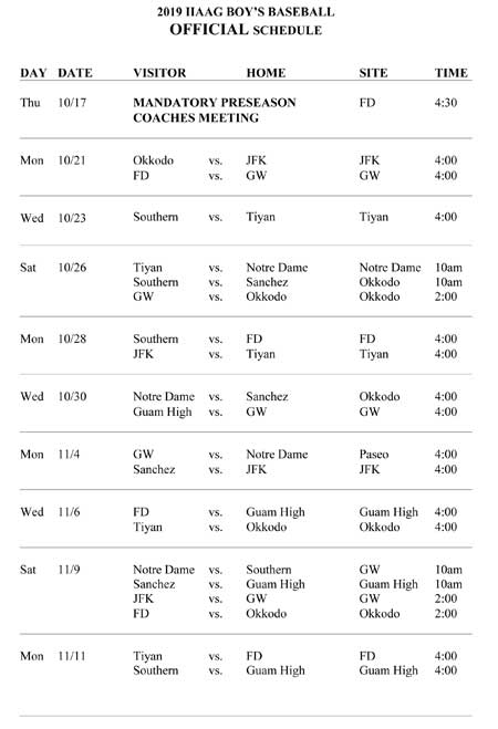 2019 IIAAG HS BASEBALL OFFICIAL SCHEDULE