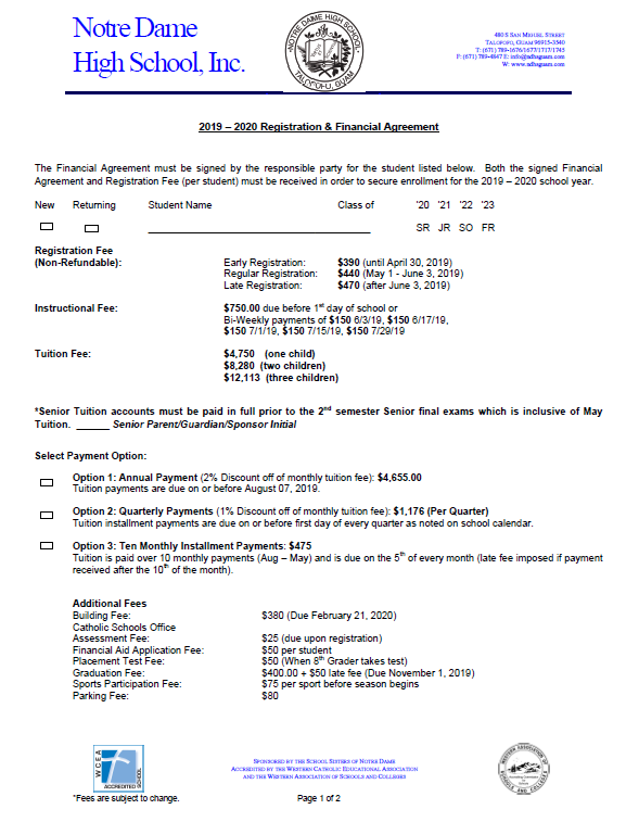 SY 19-20 Tuition and Fee Schedule